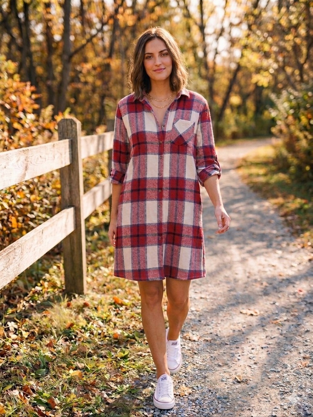 Plaid Flannel Dress Duster Button Down Long Sleeve Red White Med Dizzy Lizzy - Picture 2 of 15